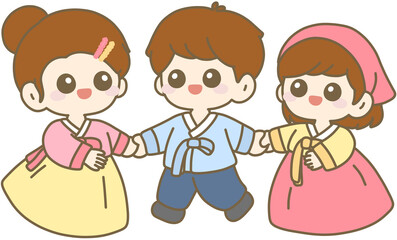 Cute Korean Traditional Hanbok Kids Holding Hands Illustration, Children in Colorful Hanbok Vector, Korean Holiday Festival Cartoon Characters, Friendship and Celebration Art