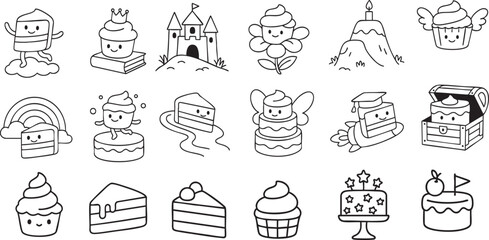 Cute Cartoon Cakes in Delightful Styles Black and White Line Art for Kids Coloring Book | Generative AI