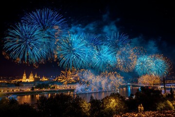Spectacular blue fireworks display over riverbank cityscape at night