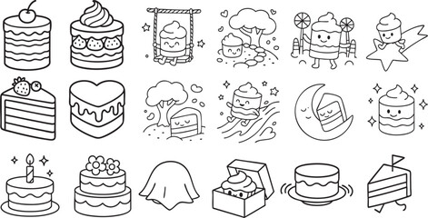 Cute Cartoon Cakes in Delightful Styles Black and White Line Art for Kids Coloring Book | Generative AI