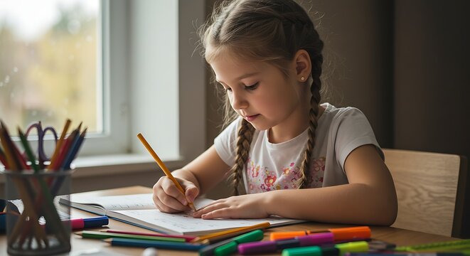 Young Girl Concentrating on Drawing: A young girl with braids intently focuses on her drawing, immersed in the creative process with pencils, markers, and a notebook at her desk.