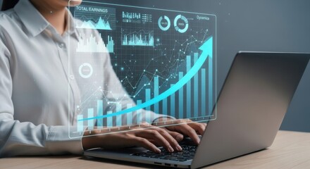 Businesswoman analyzing financial data on a futuristic holographic display