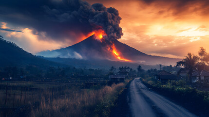 Fototapeta na wymiar Natural disasters awareness: a dramatic landscape of a volcano erupting near a village