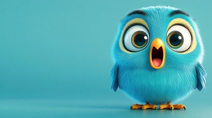 Obraz premium Funny cartoon blue bird with expressive eyes and open beak stands on blue background, copy space