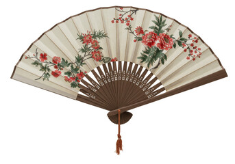 Illustration of Oriental Fan with Floral Details on Transparent Background