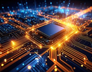 Circuit board with glowing central chip