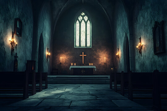 dimly lit old church interior with flickering candlelight casting long shadows on stone walls