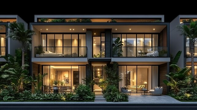 Night view modern luxury townhouse complex