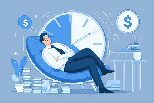 A man in a business suit sitting in a modern chair, looking at a clock on the wall. He appears focused and attentive.