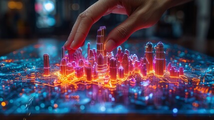 Hand manipulates a glowing miniature cityscape, futuristic design, bright colors