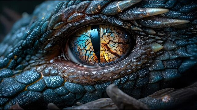 Close Up of Dragon Eye Intricate Scales, Vibrant Reflective Iris, Mesmerizing Landscape Blending Fantasy and Realism