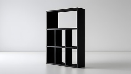 Black silhouette of a minimal rectangular shelf with one open cubby centered, surrounded by darkened compartments on a pure white background, evoking mystery, order, and modern simplicity