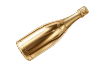 A gold bottle of champagne with a gold label