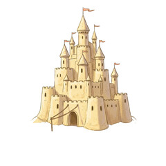 Illustration of Ornate Sandcastle Tower Architecture with Flags on Top