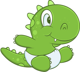 Cute green Little Baby Dinosaur wearing a diaper with transparent background