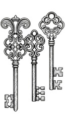 Illustration of Ornate Vintage Keys with Ornamental Decorative Designs