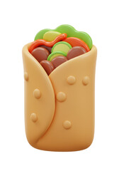 3D Render Tasty Shawarma Roll with Meat and Fresh Vegetables Isolated