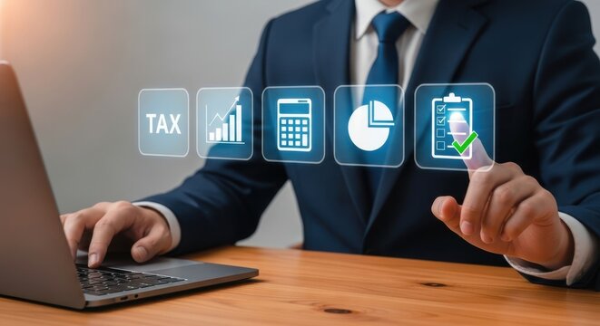 Businessman interacting with digital tax and financial analysis icons on a screen