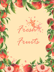  Handmade Watercolor with Peaches. Nectarine, juicy fruits