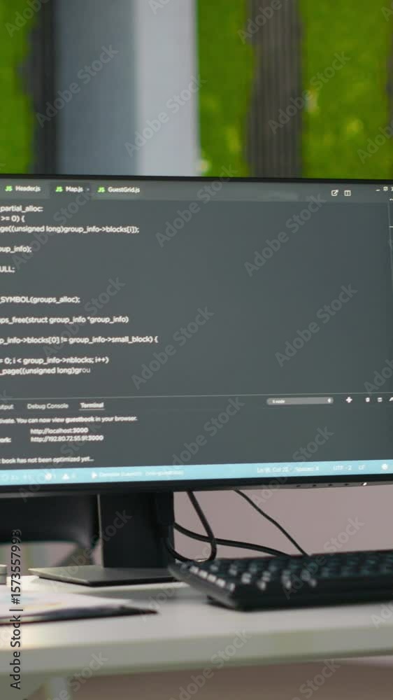 Fototapete vertical video pc screens on office desk used to design and implement algorithms enabling ai visuali
