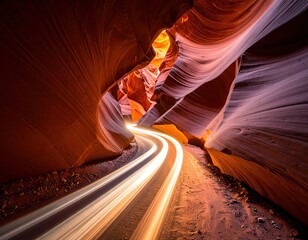 Canyon tunnel with light trails