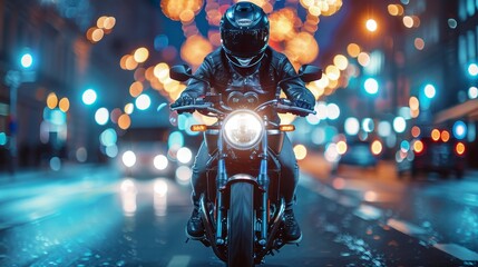 Motorcyclist rides city street at night. Bokeh lights blur in background. Wet asphalt reflects light