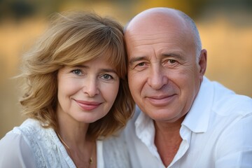Caucasian mature couple smiling in outdoor setting with warm lighting