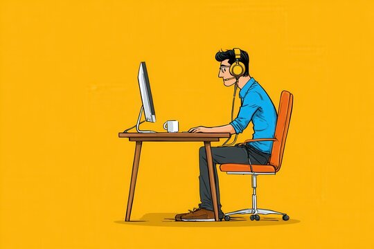 A man sitting at a desk with a laptop, working on back-end e-services for a product. He looks focused and purposeful as he types on his keyboard.