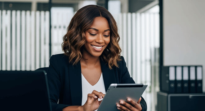 Confident businesswoman using tablet: A focused African American woman confidently navigates her tablet in a modern office setting, radiating professionalism and technological proficiency.
