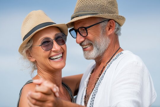 Happy elderly caucasian couple dancing on a sunny beach