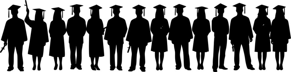 Silhouettes of students with graduate caps in a row isolated on white panoramic background. Class of 2025 2026 graduation ceremony at university web banner.