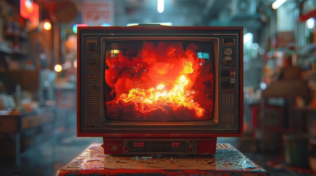 Old red TV shows fiery vortex in cluttered room, out-of-focus background