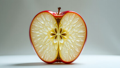 Discover the allure of a transparent crystal apple half, its complex design enhanced by brilliant light and subtle reflections.