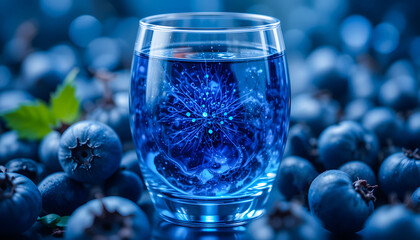 An artistic composition of transparent glass and blueberries, emphasizing intricate textures and a refreshing blue hue.