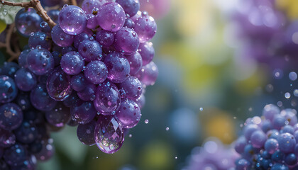 A bunch of transparent crystal grapes, brilliant with internal light and dewy surface.