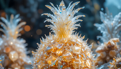 Ultra-close-up macro revealing the brilliant clarity and complex, textured surface of a crystal pineapple.
