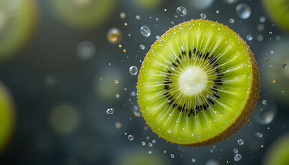 A perfectly sliced kiwi, revealing its vibrant green flesh and intricate seed pattern through a translucent lens.
