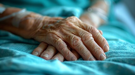 Elderly, wrinkled hands resting on a blue hospital bedspread, IV line blurred in the background