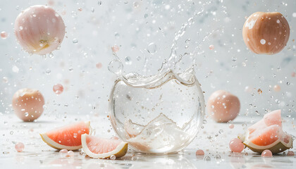 Glass fruit and fresh fruit slices with water droplets, suspended in mid-air against a white background.