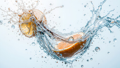 Orange slices and water droplets, suspended in mid-air against a white background.