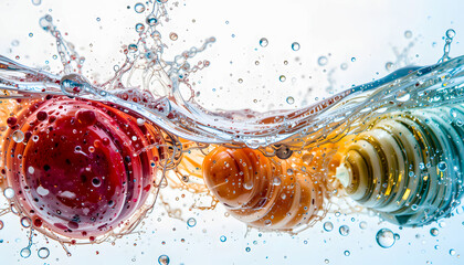 Multi-colored fruit immersed in a lively water cascade.