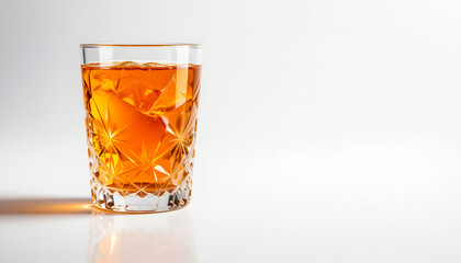 A striking close-up of a crystal glass filled with an amber liquid, showcasing its intricate diamond-cut surface on a clean white background.