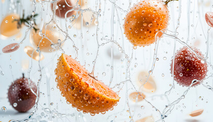 A captivating composition of fresh oranges, strawberries, and other berries, enveloped in a splash of clear water.