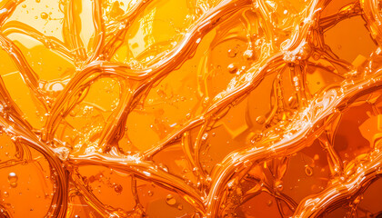 A mesmerizing close-up of clear, glossy orange glass, showcasing intricate surface cuts and brilliant reflections.