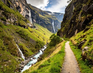 Mountain valley trail with waterfalls