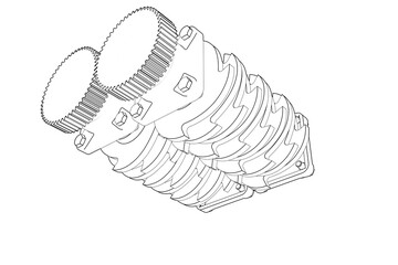 Technical drawing of a complex mechanical gear system - monochrome line art illustration for industrial engineering, vintage blueprint style machine parts technology background.Technical drawing of a 