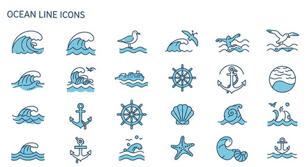 Ocean sea line icons vector set nautical design elements summer vacation cruise theme graphic resources on transparent background