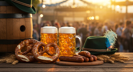 Oktoberfest beer pretzels and sausage german celebration food and drink festive bavarian culture on transparent background