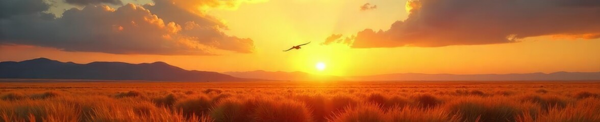 Lone Bird Soaring at Sunset Over Vast Landscape Breathtaking Golden Hour Freedom