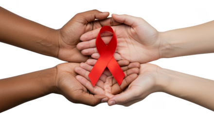 Illustration of Red Ribbon Symbol Held By Diverse Hands Against HIV AIDS